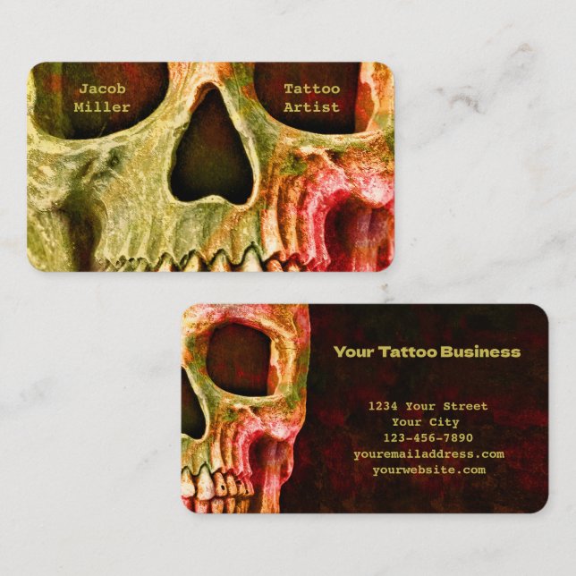 Carte De Visite Crâne gothique Face Rouge Vert Tatouage Boutique (Devant / Derrière)