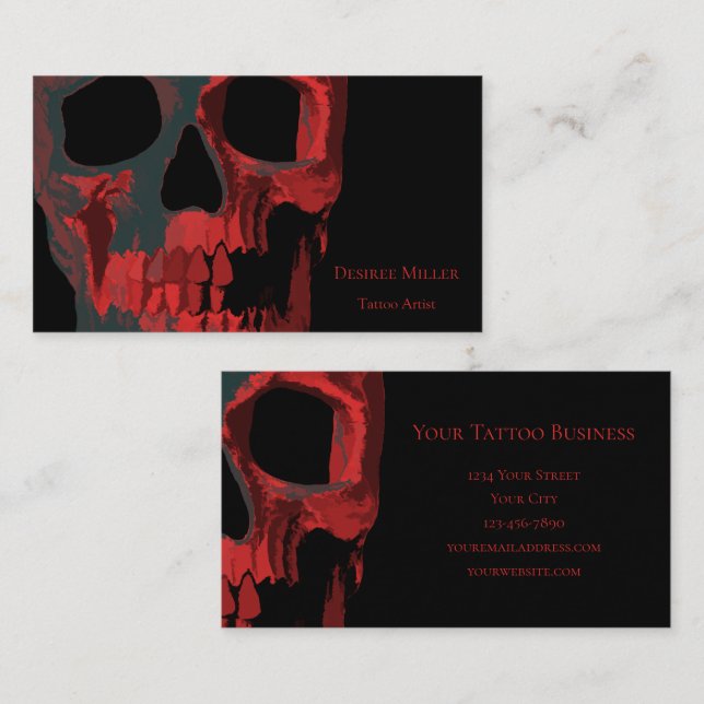 Carte De Visite Crâne gothique Rouge Vert noir Macabre (Devant / Derrière)