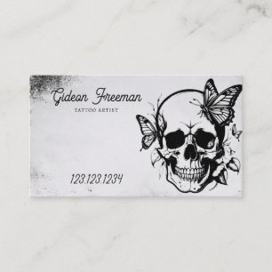 Carte De Visite Crâne gris et noir Grunge avec tatouage aux papill