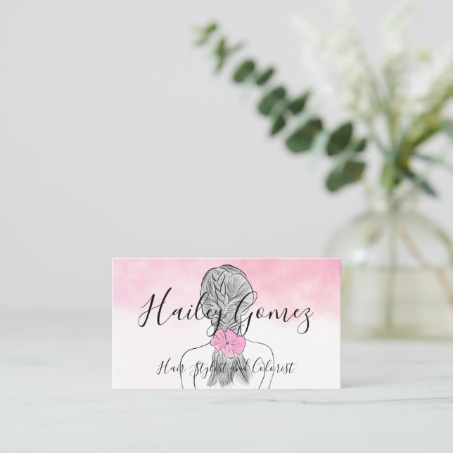 Carte De Visite Crayon de couleur avec aquarelle rose tresse (Debout devant)