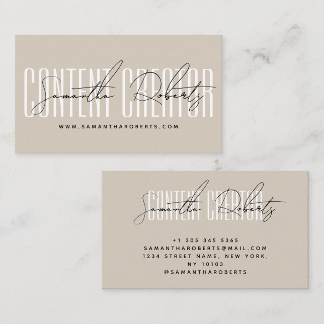 Carte De Visite Création de contenu moderne influencer beige (Devant / Derrière)