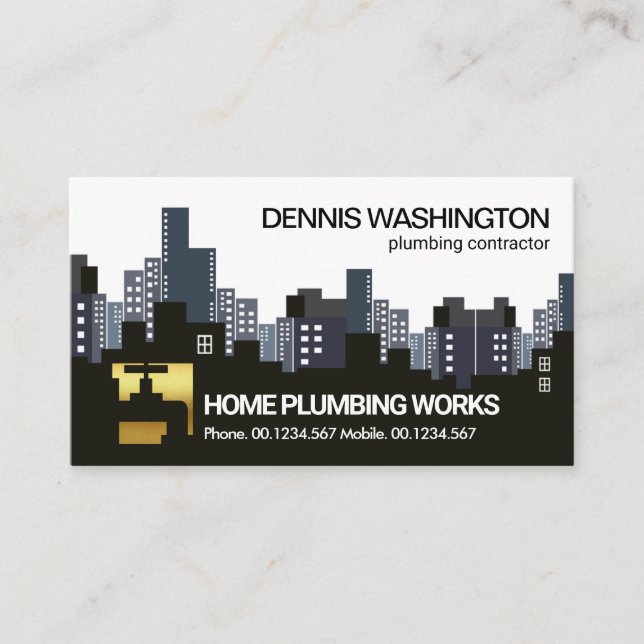 Carte De Visite Creative Downtown City Skyline Gold Faucet Plumber (Devant)