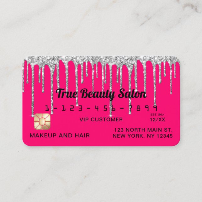 Carte De Visite Crédit Chic Neon rose Parties scintillant argent D (Devant)