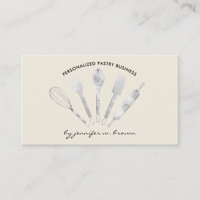Carte De Visite Crème Beige Argent Pâtisserie Chef Accueil Boulang (Devant)