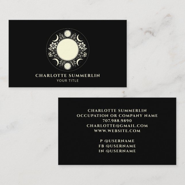 Carte De Visite Crème céleste mystique Lune Soleil Noir (Devant / Derrière)