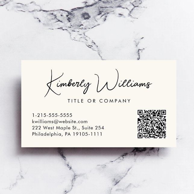 Carte De Visite Crème professionnelle de code QR de script minimal (Empower your name in our signature script as your logo and brand identity)