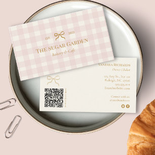 Carte De Visite Crème Rose Gingham QR Boulangerie Marketing