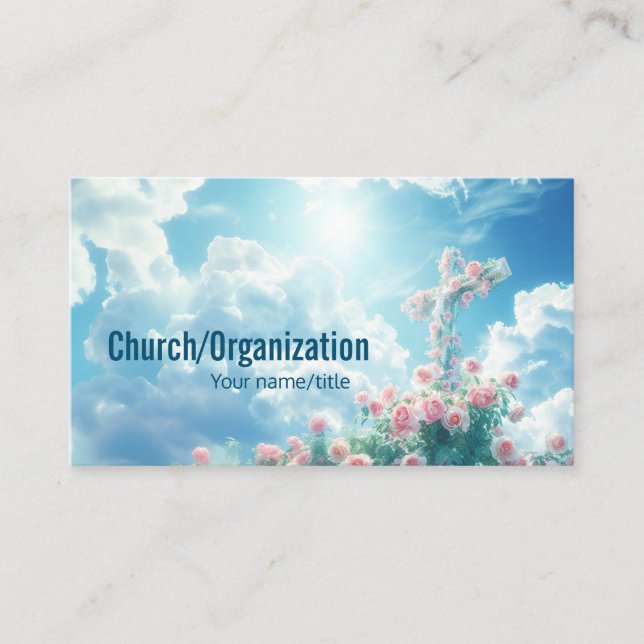 Carte De Visite Croix avec roses roses dans le ciel bleu brillant (Devant)