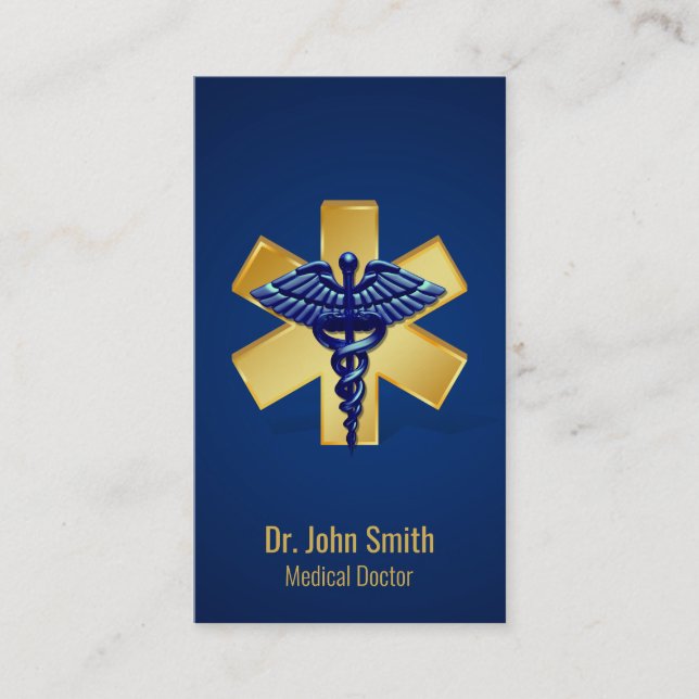 Carte De Visite Croix d'or bleu Médicale 3D Caduceus (Devant)