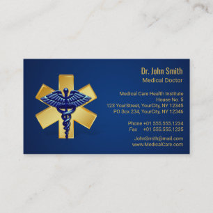 Carte De Visite Croix d'or bleue Médicale 3D Caduceus