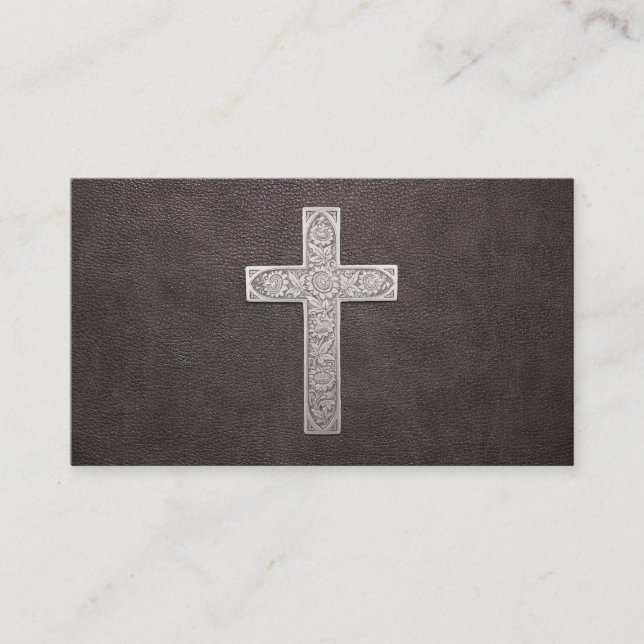 Carte De Visite Croix métallique sur cuir foncé (Devant)