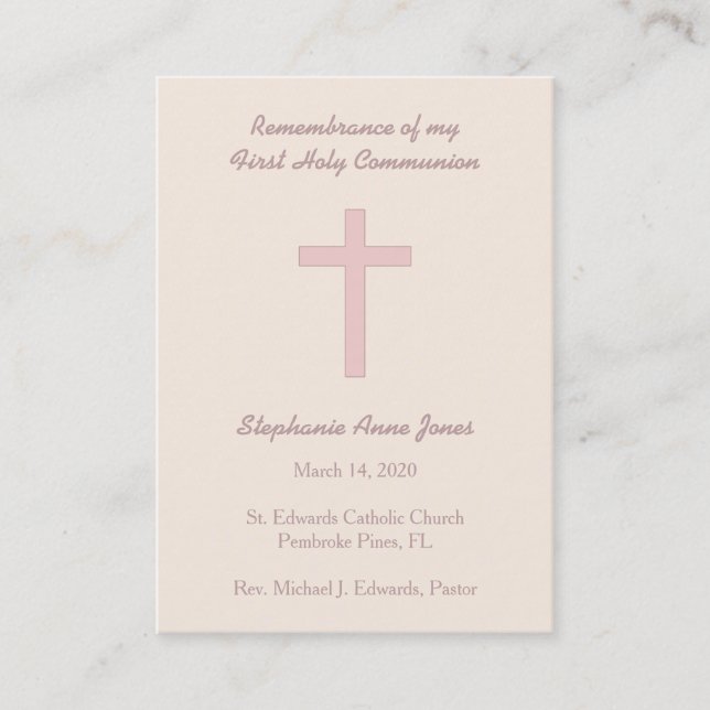 Carte De Visite Croix rose pastel communion (Devant)