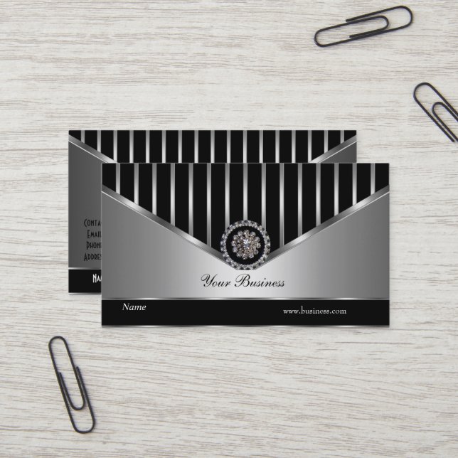 Carte De Visite Crome Argent Noir Bande Élégante Classé (Devant/Arrière en situation)