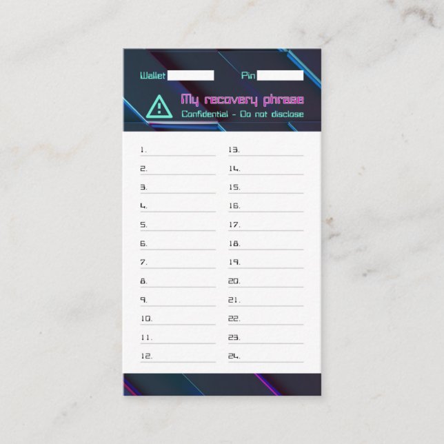 Carte De Visite Crypto Wallet Mot de passe Récupération Semence Ph (Devant)