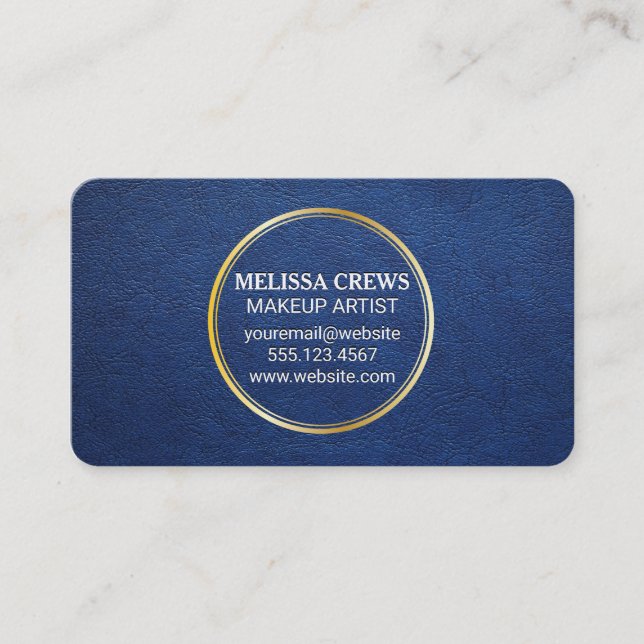 Carte De Visite Cuir bleu | Bague métallique or (Devant)