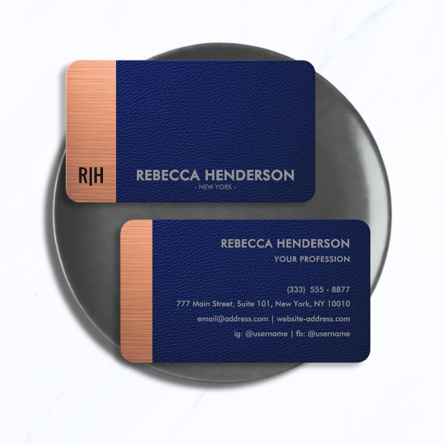 Carte De Visite Cuir Bleu Luxe avec Accent en Cuivre Monogramme (Créateur téléchargé)