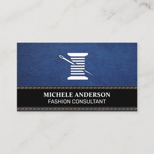 Carte De Visite Cuir bleu | Texture noire | Thread et aiguille (Devant)