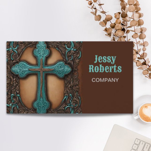 Carte De Visite cuir brun rustique croix de l'ouest (rustic brown leather western country cross business card)