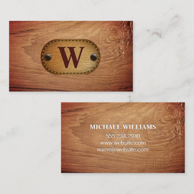 Carte De Visite Cuir | Monogramme Brown | Grain de bois (Devant / Derrière)
