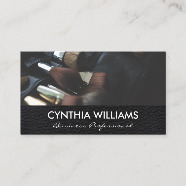 Carte De Visite Cuir noir simple | Kit brosses de maquillage (Devant)