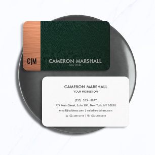 Carte De Visite Cuir Vert et Monogramme en Cuivre avec Fond Blanc