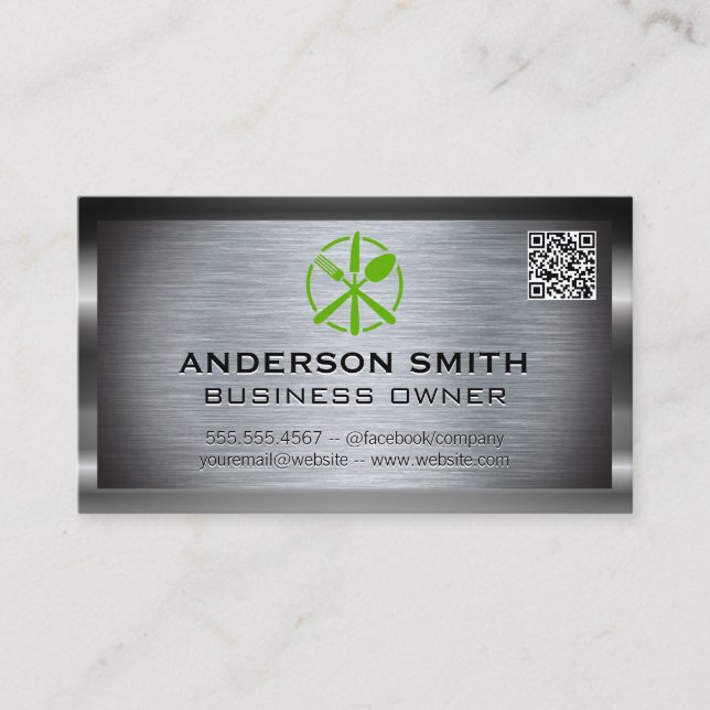 Carte De Visite Cuisine brossée métallique | Code QR (Devant)