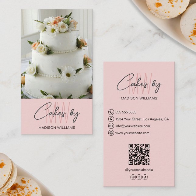 Carte De Visite Cuisine de boulangerie Personnalisée Monogramme Lo (Bakery Cake Custom Monogram Logo Pink Business Card)
