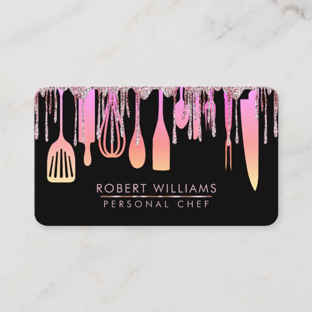 Carte De Visite Cuisine en chef à goutte rose Outils Parties scint (Devant)