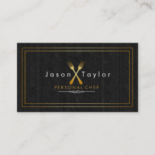 Carte De Visite Cuisine Retro Black Wood Chef Gold Fork Crossed