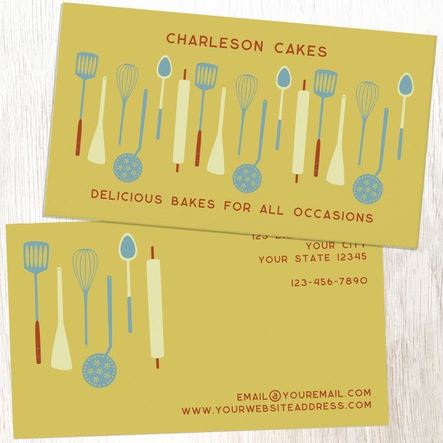 Carte De Visite Cuisine Rétro Cuisine Cuisine Restauration Jaune (Retro Kitchen yellow business card template with editable text for baker, cake maker, catering, cafe)
