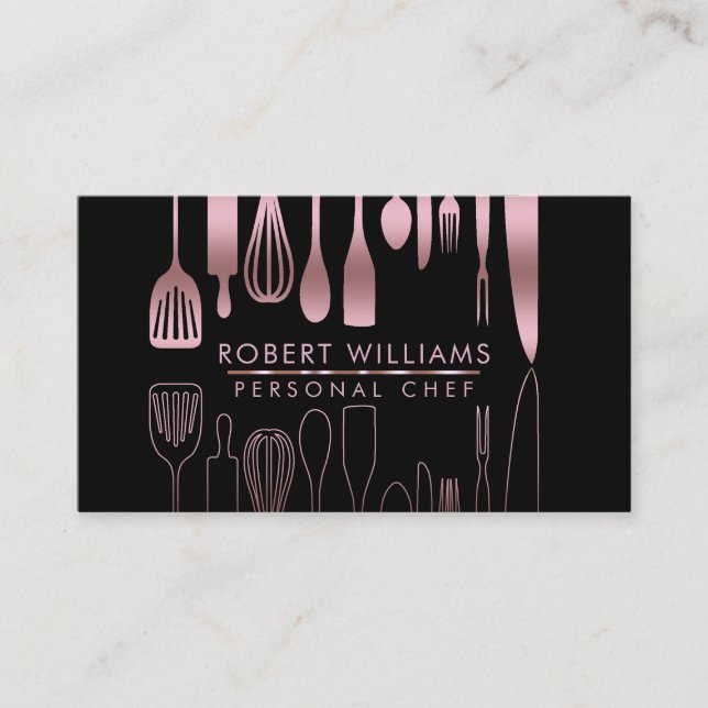 Carte De Visite Cuisine Rose Gold Chef Outils Parties scintillant  (Devant)