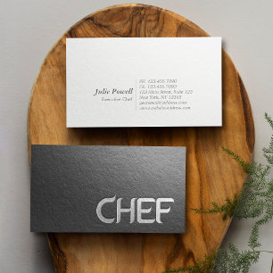 Carte De Visite Cuisinier Texte Embossé Argent Noir Minimaliste Mo