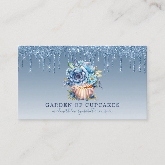 Carte De Visite Cupcake Baker Floral Cupcake Blue Parties scintill (Devant)