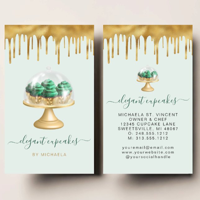 Carte De Visite Cupcake Bakery Emerald Green Faux Gold Foil Drip (Créateur téléchargé)