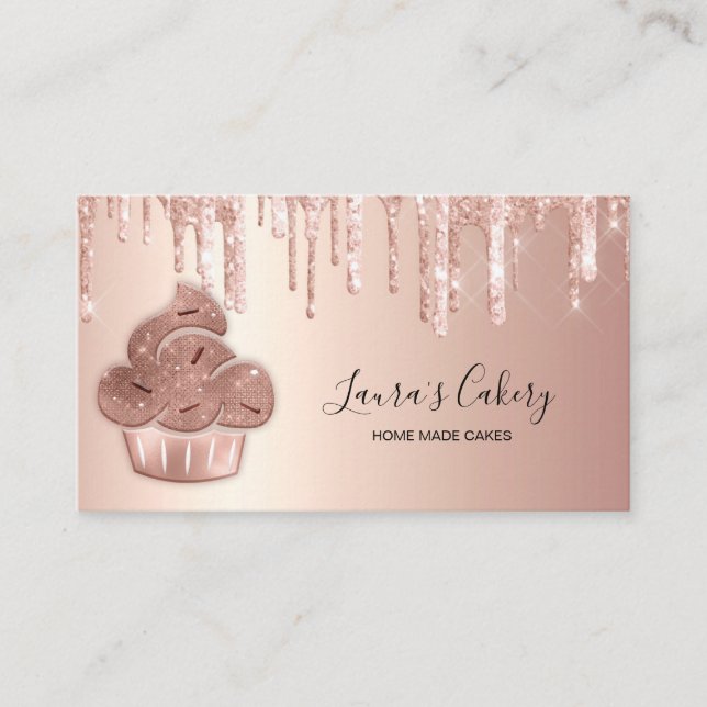Carte De Visite Cupcake Bakery Pastry Chef Glitter Drips Rose Gold (Devant)