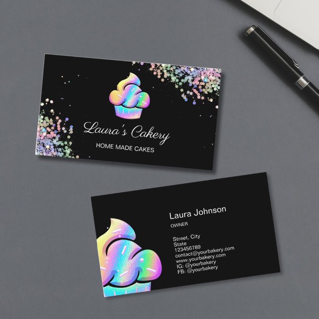 Carte De Visite Cupcake Boulangerie Pâtisserie Chef Holographique  (holographic cupcake with glitter on the black background bakery logo)