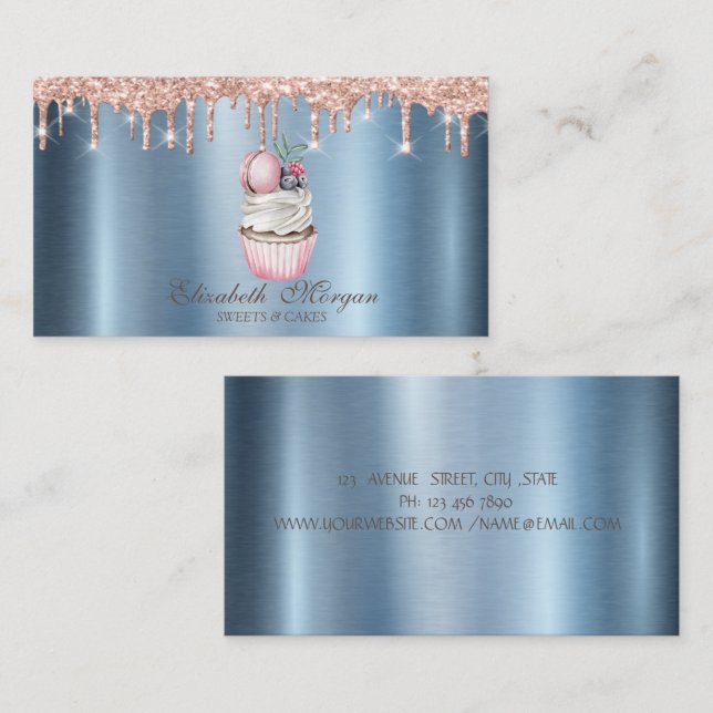 Carte De Visite Cupcake Macaroon Parties scintillant Drives Blue M (Devant / Derrière)