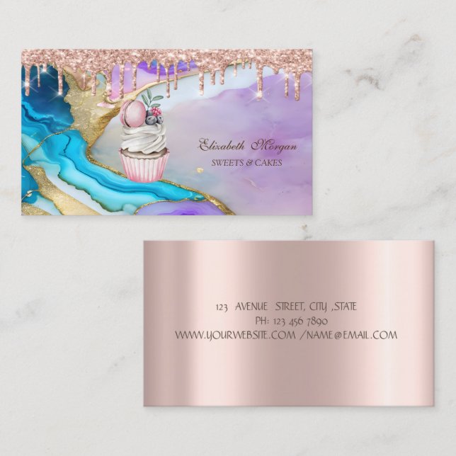 Carte De Visite Cupcake Macaroon Rose Gold Drives Boulangerie de m (Devant / Derrière)