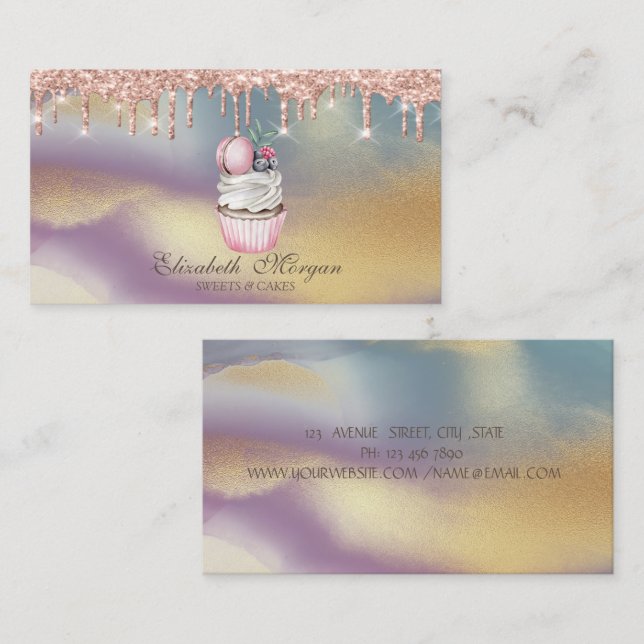 Carte De Visite Cupcake Macaroon Rose gouttes d'or, Boulangerie co (Devant / Derrière)
