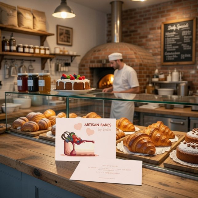 Carte De Visite Custom Artisan Bakery Business Card with Cake (Créateur téléchargé)
