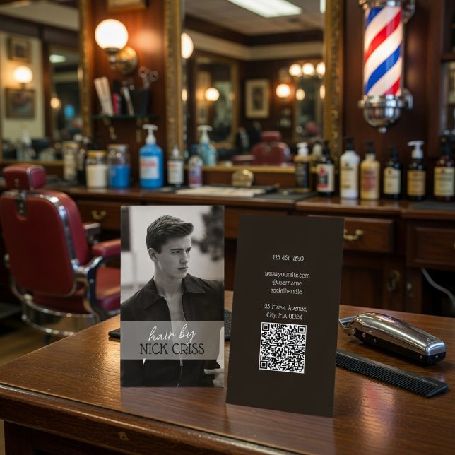Carte De Visite Custom Barber Contact Card with QR Code (Créateur téléchargé)