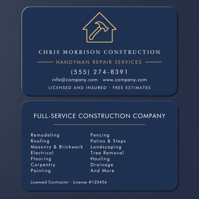 Carte De Visite Custom Construction & Handyman Navy Blue Gold (Créateur téléchargé)