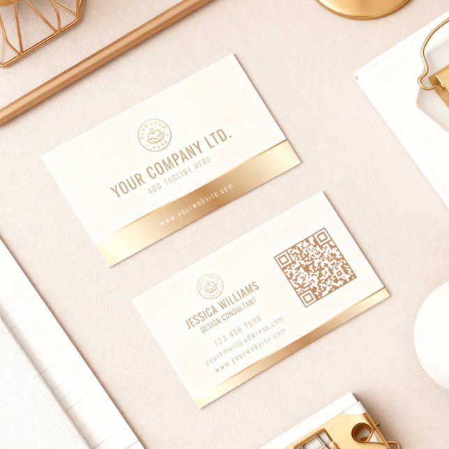Carte De Visite Custom Logo Elegant Beige Gold QR Code (Créateur téléchargé)