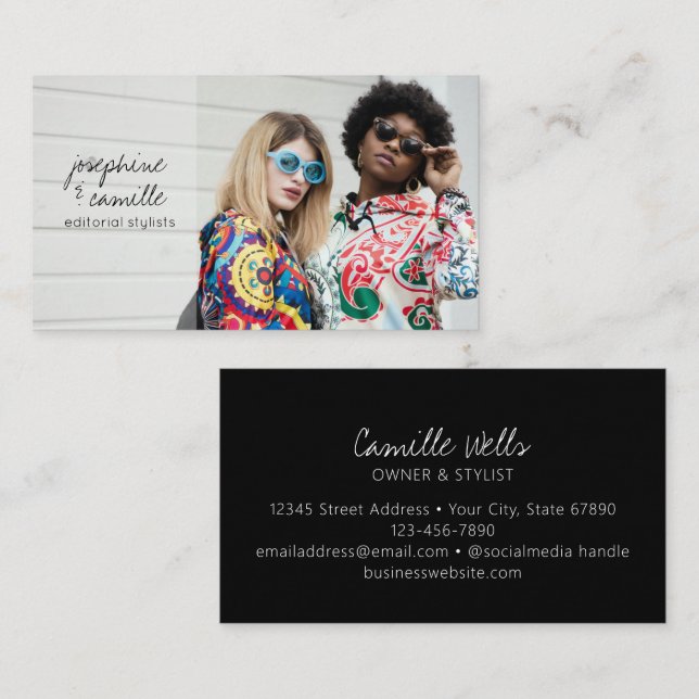 Carte De Visite Custom Photo Trendy Script Editorial Stylist (Devant / Derrière)