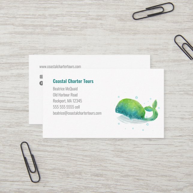 Carte De Visite Cute Aquarelle Baleine (Devant/Arrière en situation)