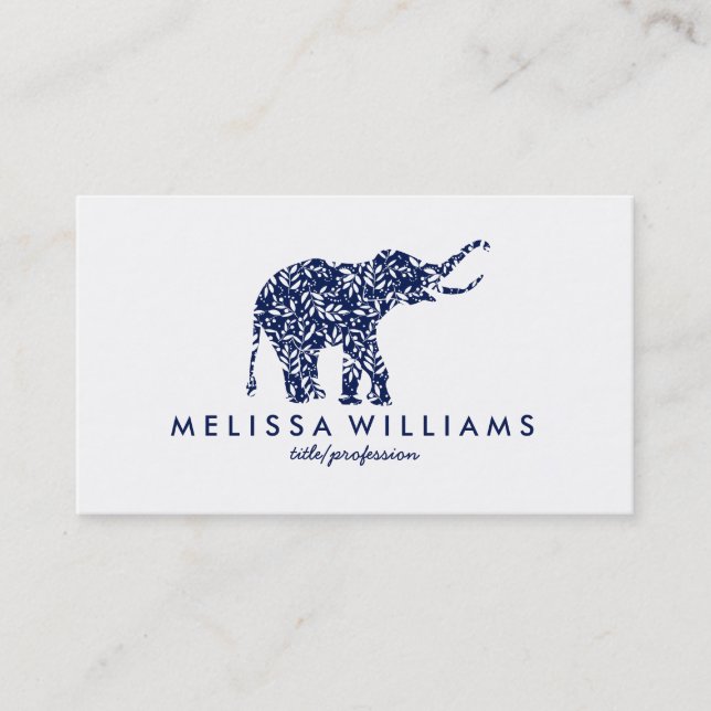 Carte De Visite Cute Blue Elephant Blanc Feuilles Botaniques (Devant)