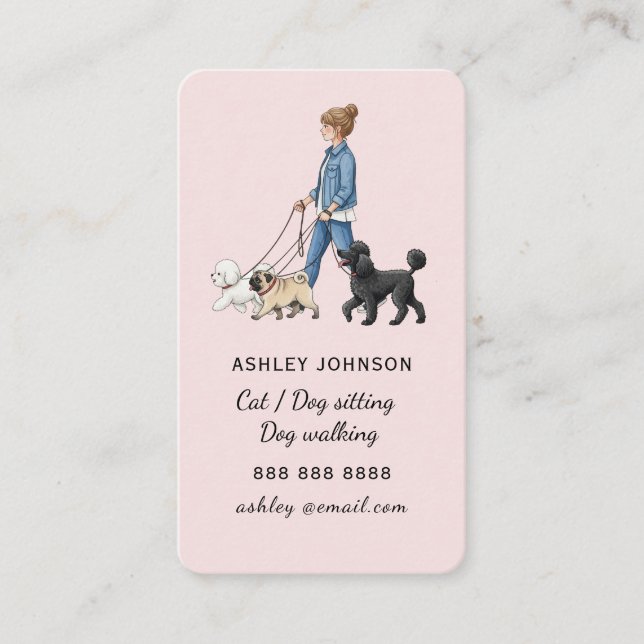 Carte De Visite Cute blush pink Girl walking dogs Dog walker  (Devant)