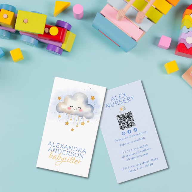Carte De Visite Cute Boho Cloud Aquarelle Babysitter (Créateur téléchargé)