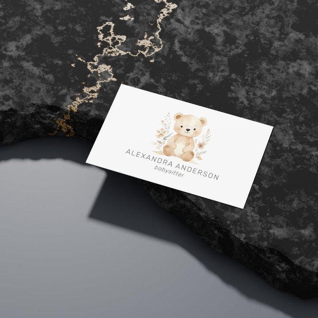 Carte De Visite Cute Boho Floral Ours Aquarelle Service pour enfan (Cute Boho Floral Bear Watercolor Child Service Business Card)