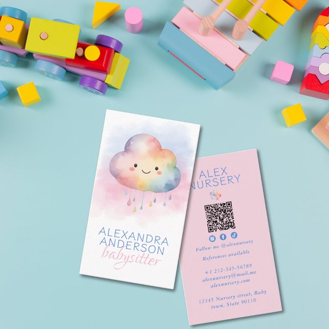Carte De Visite Cute Boho Rainbow Cloud Aquarelle Babysitter (Cute Boho Rainbow Cloud Watercolor Babysitter Business Card)